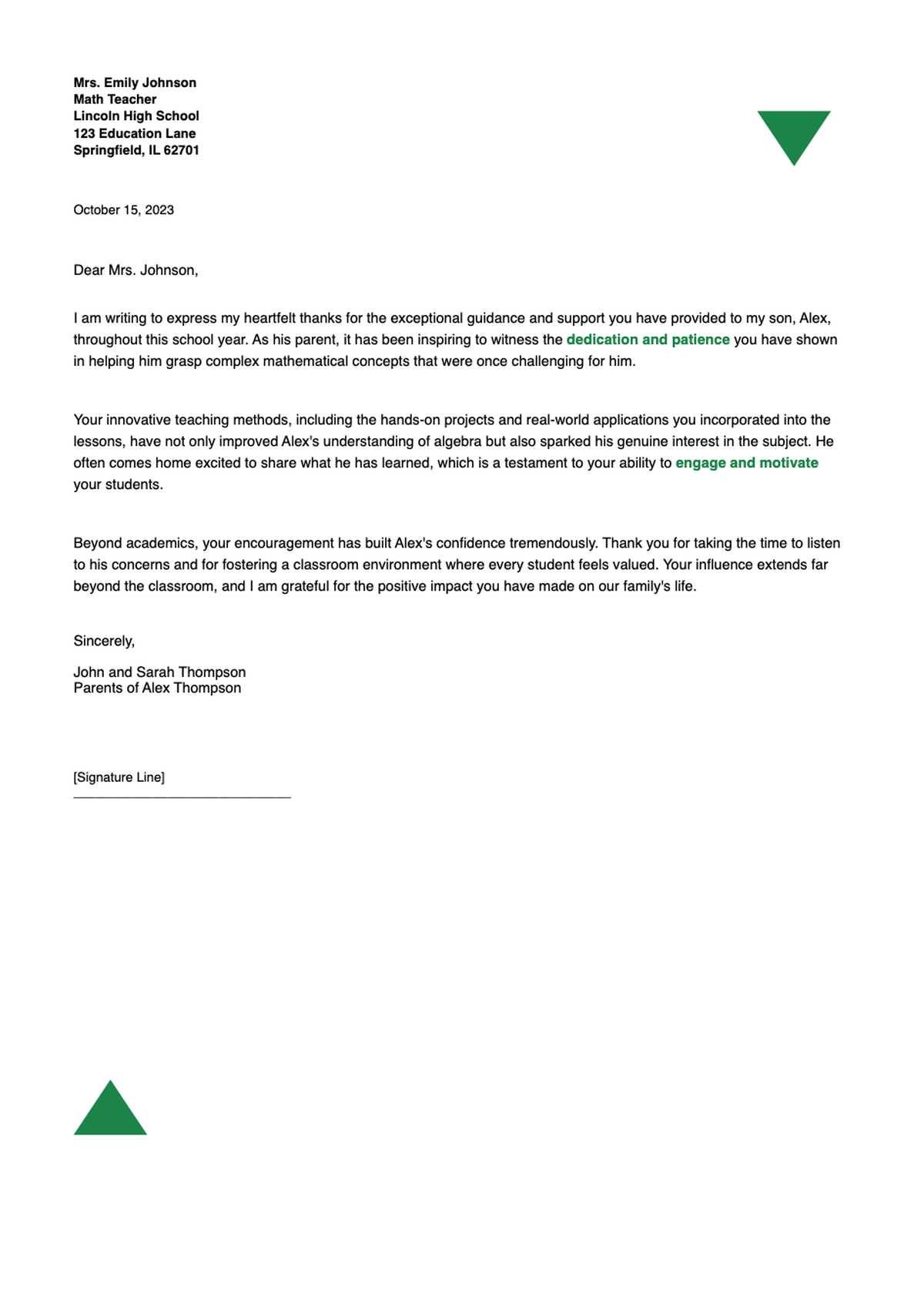 Gratitude letter from student to teacher template with green accents_variant_1